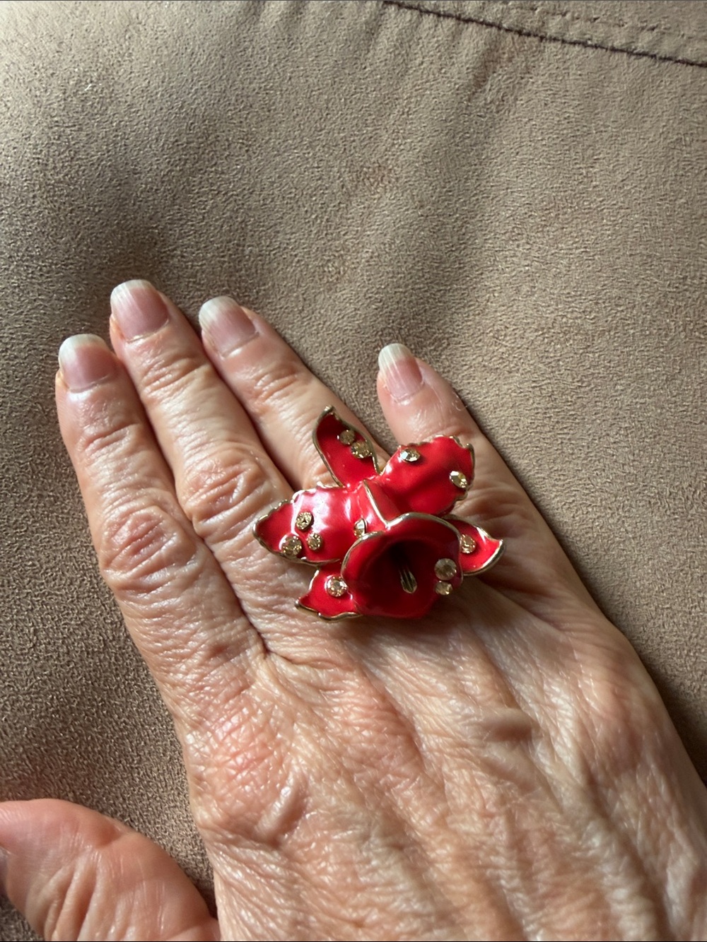 Versace for H&M Red enamel Gold Flower Ring Rhinestones size S 6-7
